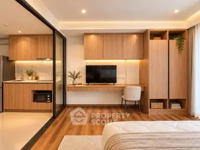 Modern studio apartment with stylish kitchen and cozy living area