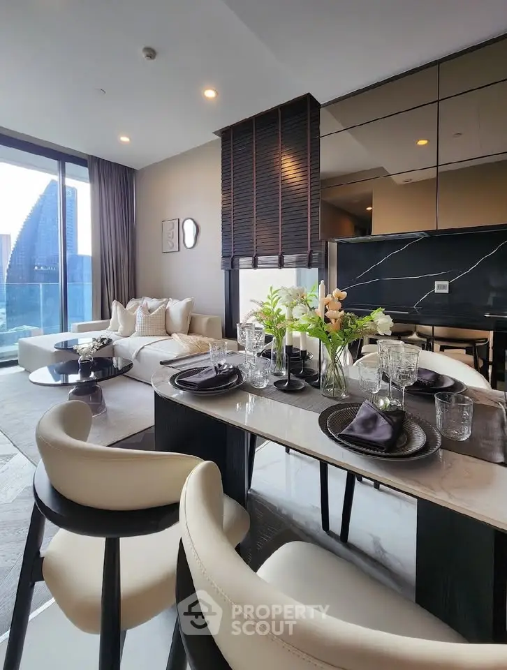 Luxurious modern living room with elegant dining area and stunning city view