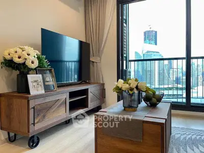 Modern living room with city view, stylish wooden furniture, and elegant decor in a high-rise apartment.
