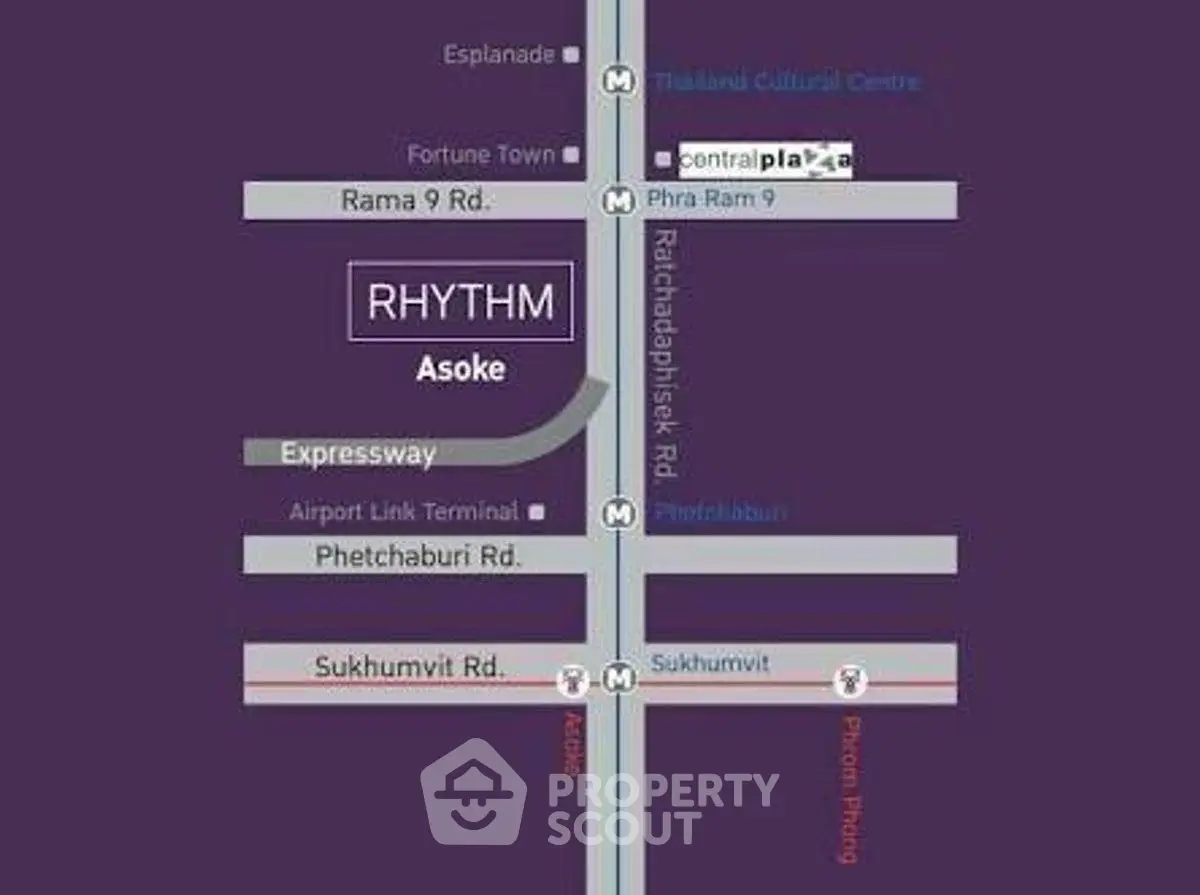 Map showing location of Rhythm Asoke near major roads and transit stations.