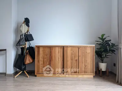 Minimalist interior with wooden cabinet and coat rack in modern living space.