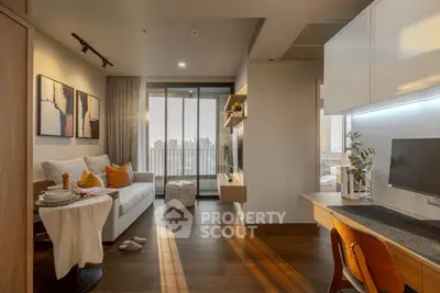 Modern living room with cozy decor and city view balcony in stylish apartment.