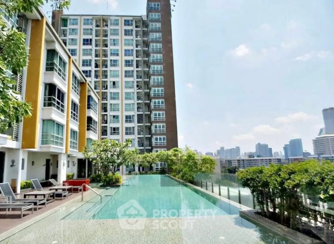 Luxurious rooftop pool with stunning city views in modern apartment complex.