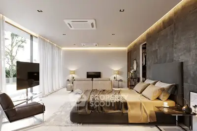 Luxurious modern bedroom with elegant decor and spacious layout, featuring large windows and stylish furnishings.