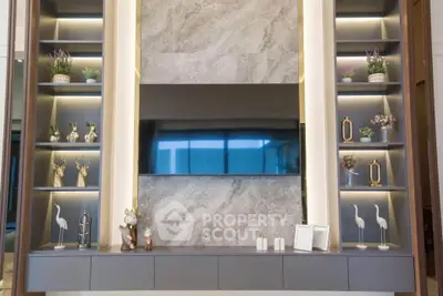 Luxurious modern living room with elegant shelving and decorative accents