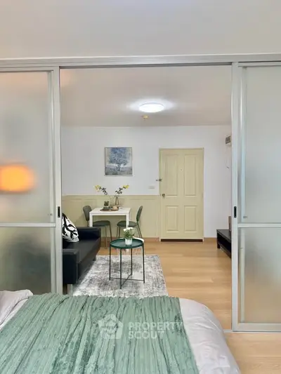 Modern living room with sliding doors and stylish decor