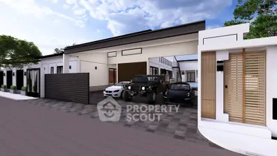 Modern luxury home exterior with spacious driveway and multiple cars parked, showcasing sleek architectural design.