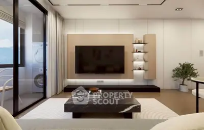 Modern living room with sleek TV setup and stylish coffee table, featuring a cozy balcony view.