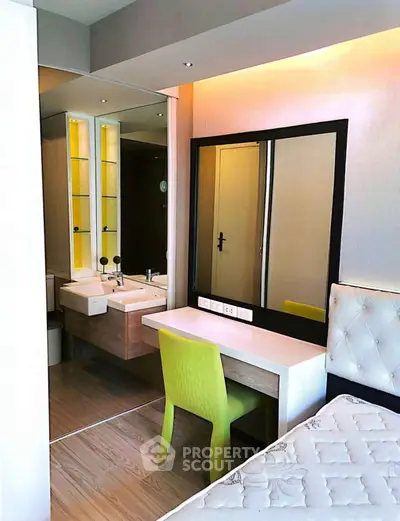 Modern bedroom with stylish vanity and cozy lighting