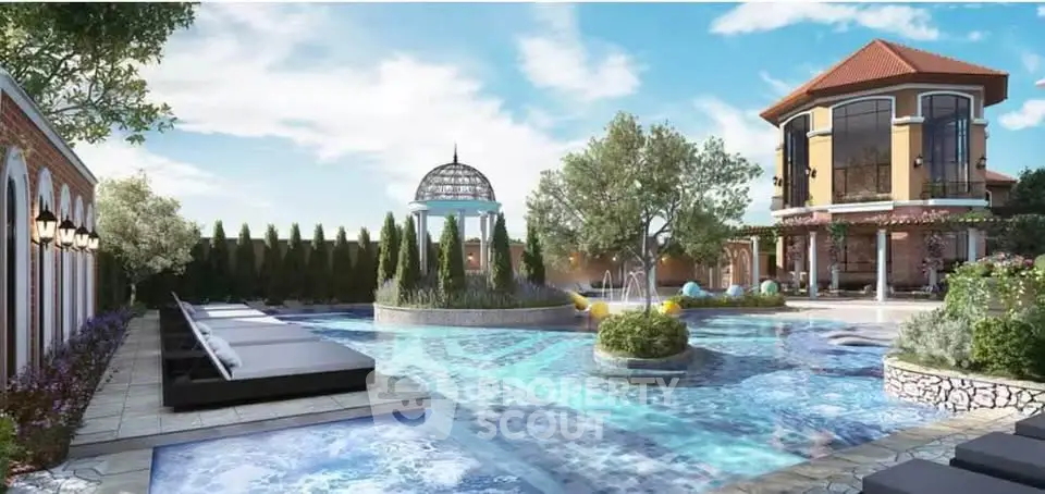 Luxurious outdoor pool area with elegant landscaping and stunning architecture.