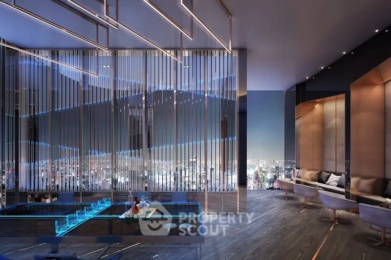 Luxurious modern living room with stunning city view and elegant decor