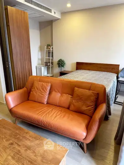 Cozy studio apartment with stylish leather sofa and modern decor