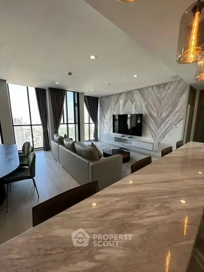 Luxurious modern living room with panoramic city views and elegant decor