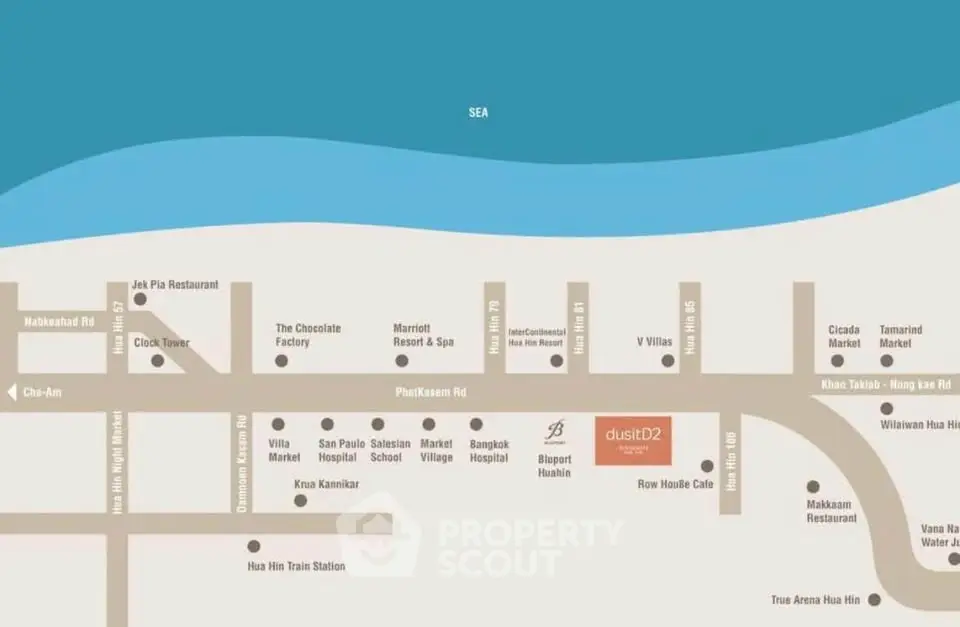 Map showing real estate locations near the sea with landmarks and amenities.