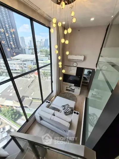Stunning modern living room with floor-to-ceiling windows and city view, featuring elegant lighting and stylish decor.