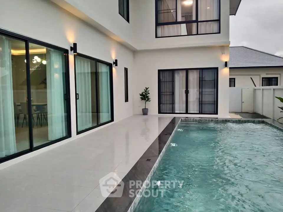Modern home with sleek pool and spacious patio, perfect for luxury living.