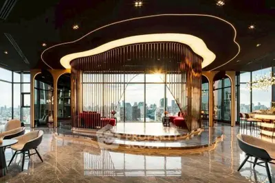 Luxurious modern living room with panoramic city views and elegant design.