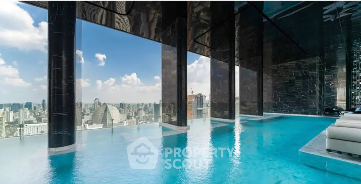 Luxurious rooftop pool with stunning city skyline view in modern high-rise building.