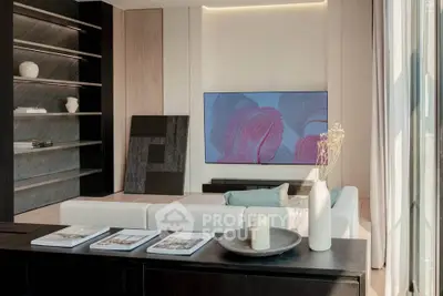 Modern living room with sleek design and large TV, featuring elegant shelving and cozy seating.