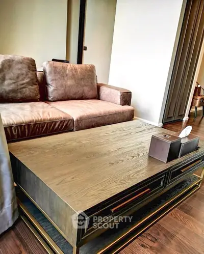 Stylish living room with modern sofa and elegant wooden coffee table