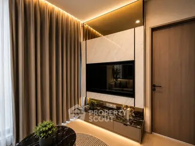 Luxurious modern living room with elegant decor and ambient lighting