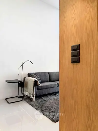 Modern living room with sleek sofa and stylish floor lamp, perfect for contemporary living.