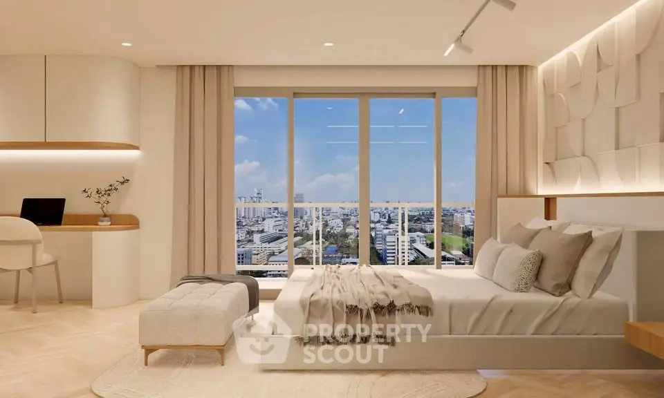 Luxurious bedroom with stunning city view and modern decor