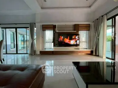 Spacious modern living room with large windows and sleek entertainment center