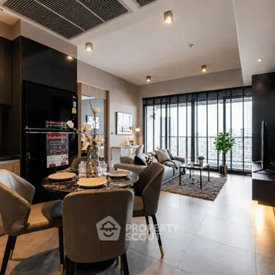 Luxurious modern living room with open kitchen and stunning city view, perfect for urban living.