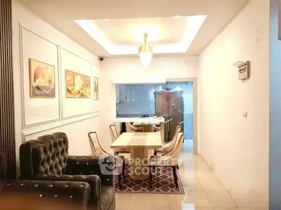 Elegant dining area with plush seating and modern kitchen in open layout