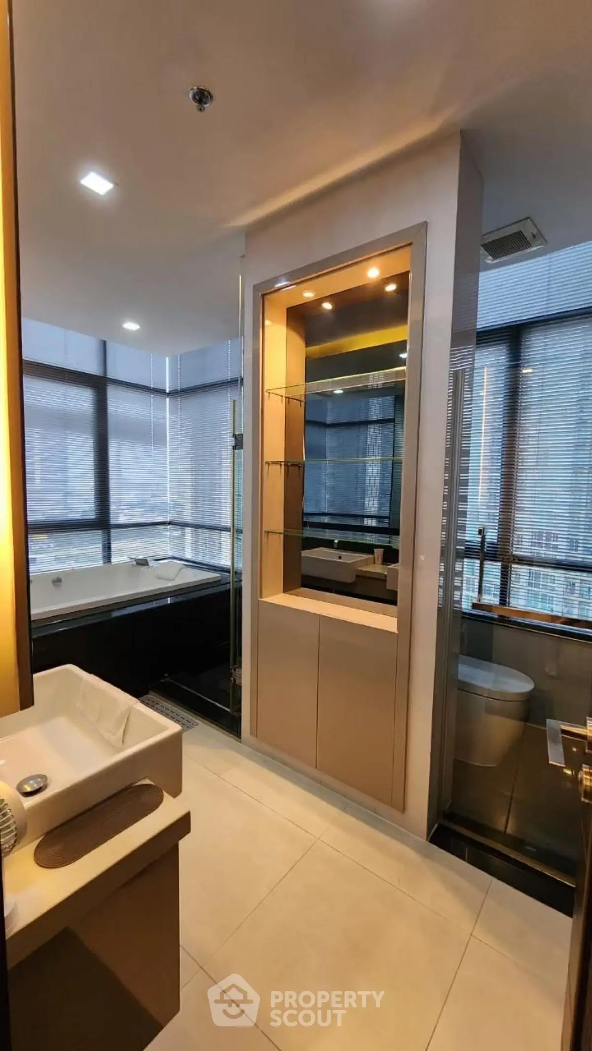 Luxurious modern bathroom with city view and sleek design