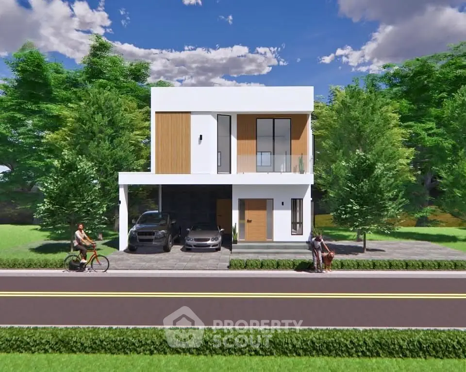 Modern two-story house with sleek design and lush greenery