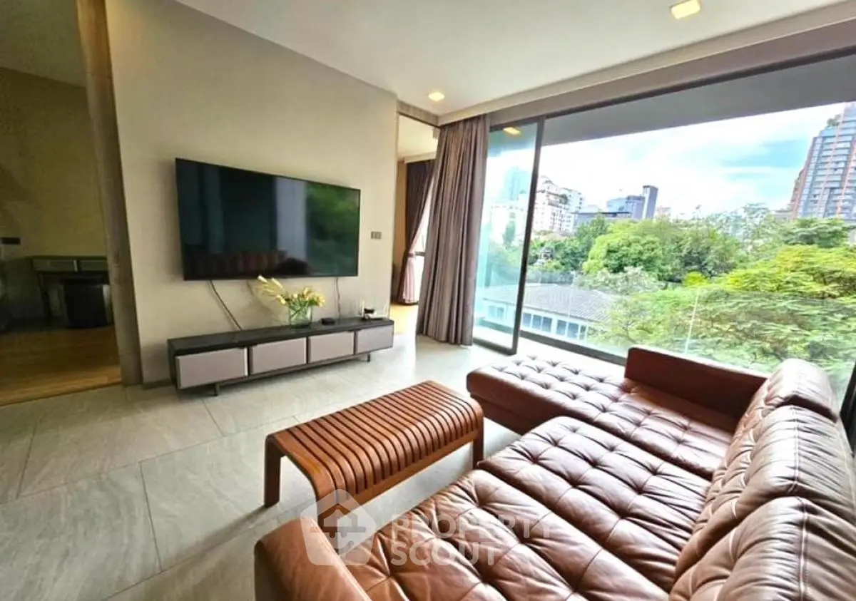 Luxurious living room with modern leather sofa and stunning city view