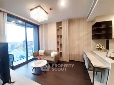 Luxurious modern living room with city view and elegant decor