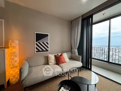 Modern living room with stylish sofa and city view balcony