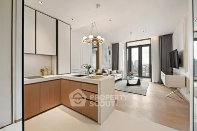 Modern open-plan kitchen and living room with city view, elegant lighting, and sleek design.