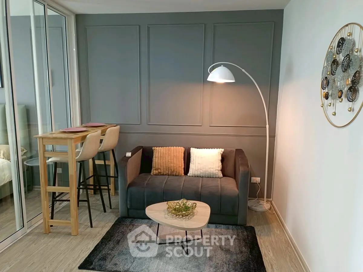 Modern living room with stylish decor and cozy seating area