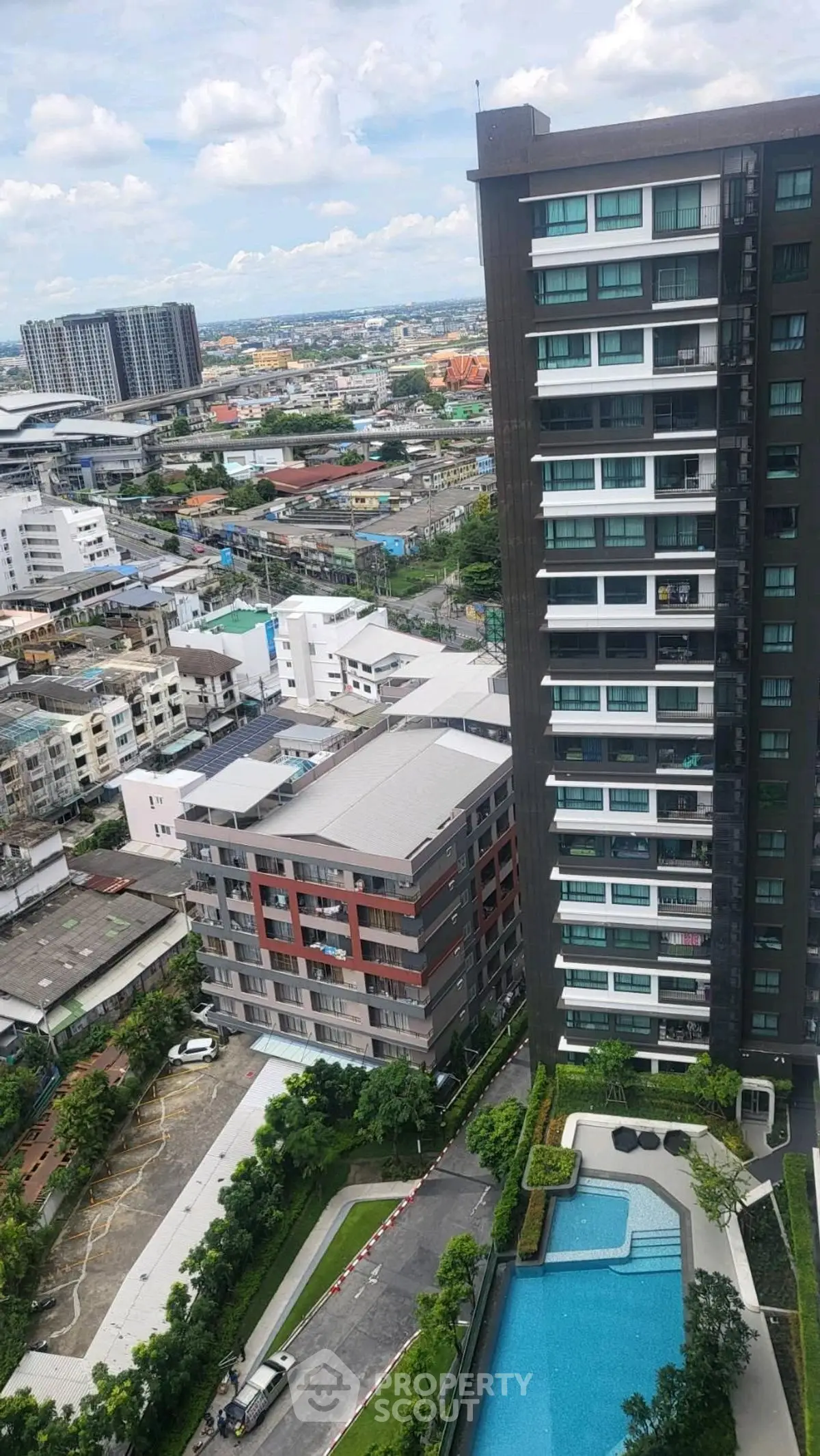 Stunning high-rise building with pool and cityscape view, perfect for urban living.