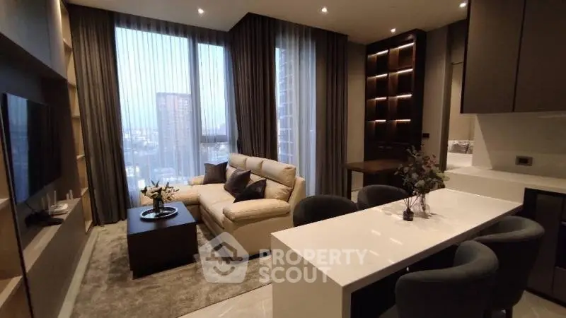 Luxurious modern living room with elegant decor and city view, perfect for urban living.