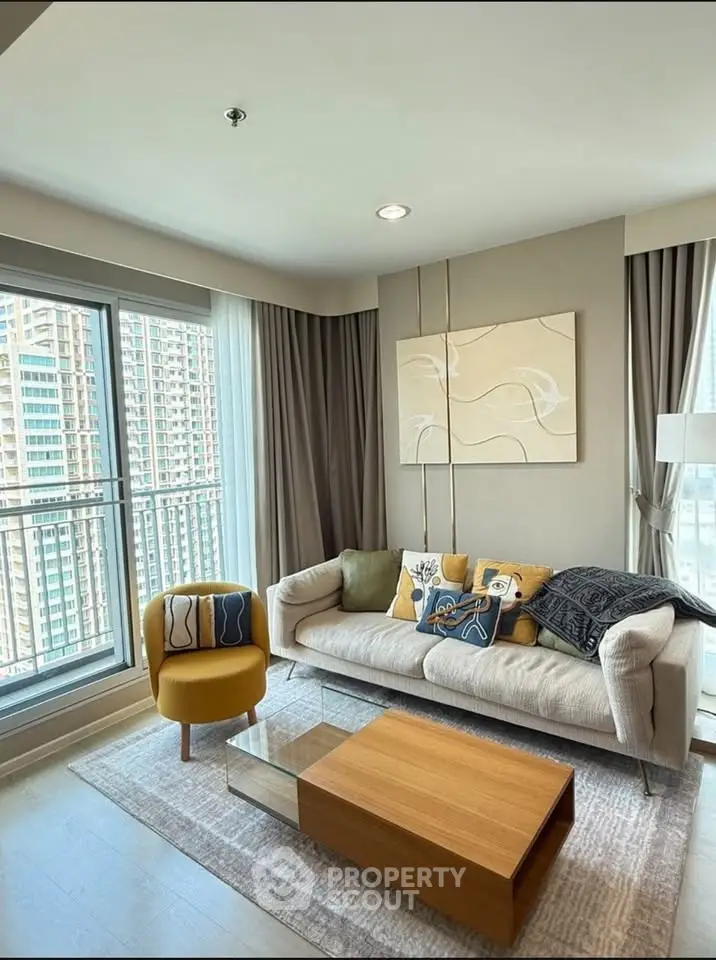 Stylish modern living room with city view and elegant decor