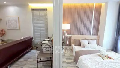 Modern open-layout living room and bedroom with stylish decor and natural light.