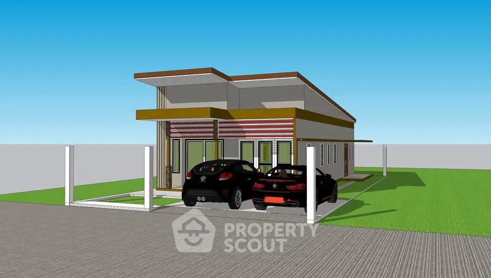 Modern architectural rendering of a sleek single-story home with a carport and lush green lawn.