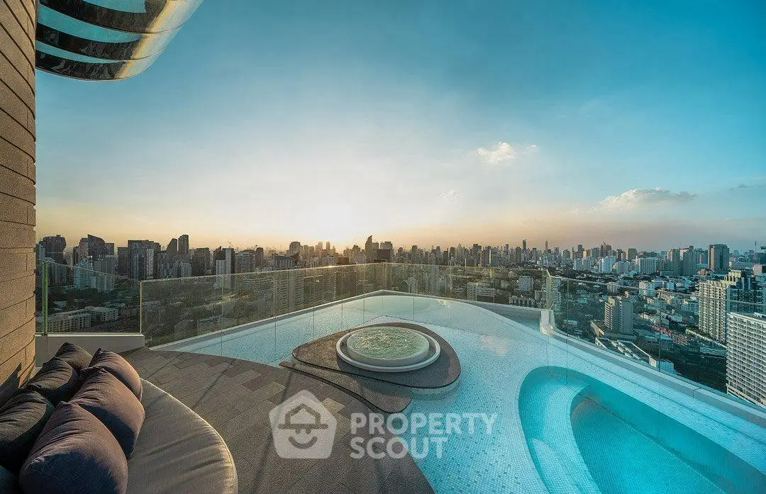 Luxurious rooftop pool with stunning city skyline view at sunset