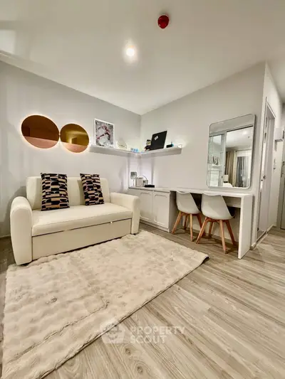 Modern living room with stylish decor and cozy seating area