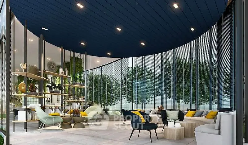 Luxurious modern living room with floor-to-ceiling windows and stylish furniture in a contemporary setting.