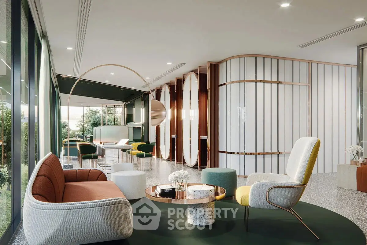 Luxurious modern living room with stylish furniture and floor-to-ceiling windows offering garden views.