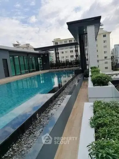 Luxurious rooftop pool with modern design and city views, perfect for relaxation and entertainment.