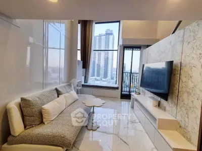 Luxurious modern living room with marble accents and stunning city view
