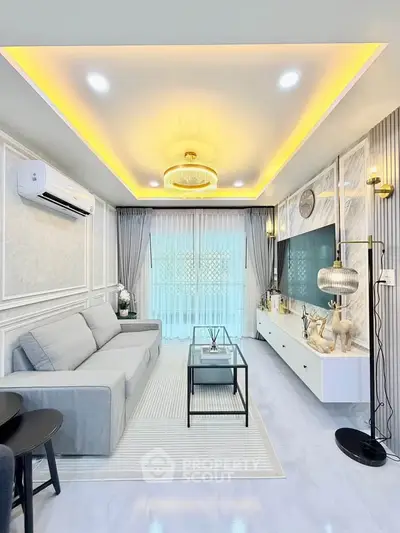 Elegant modern living room with stylish decor and ambient lighting