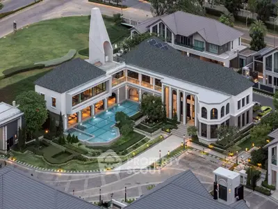 Luxurious modern mansion with pool and landscaped garden in upscale neighborhood.